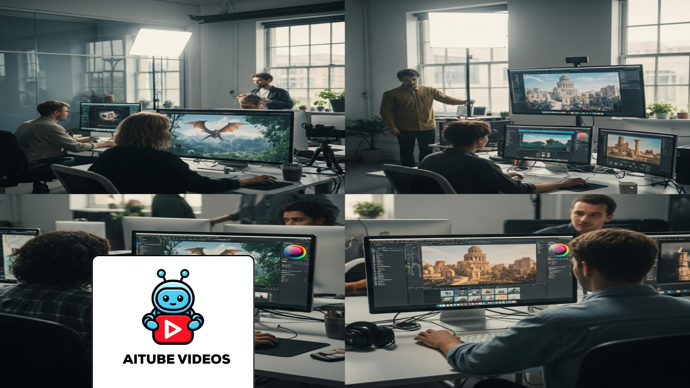 Diverse creators collaborating on AI short video creation in a modern tech studio.