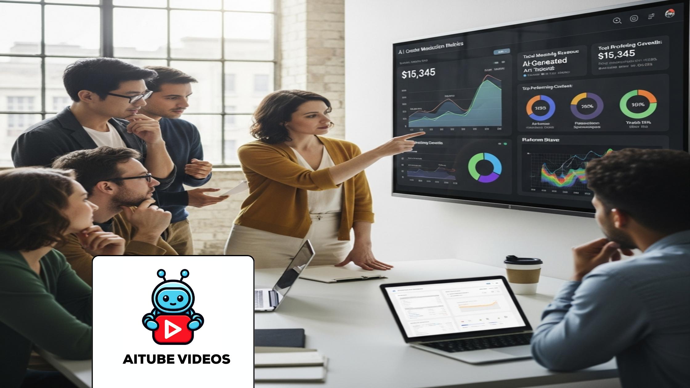 Diverse creators analyzing AI creator monetization metrics on a collaborative digital dashboard.